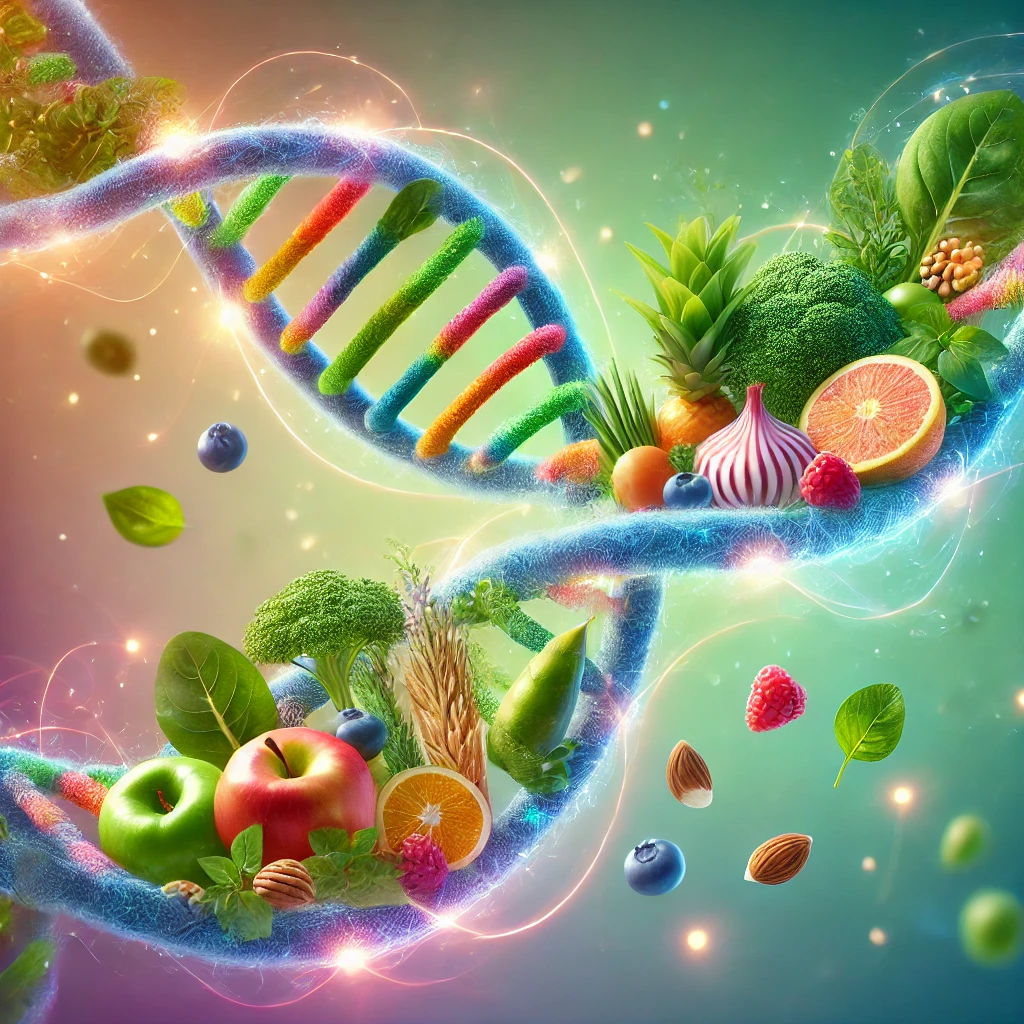 Representación de la dieta epigenética y su impacto en la salud, destacando cómo la nutrición y el Test Epigenético pueden optimizar el bienestar.