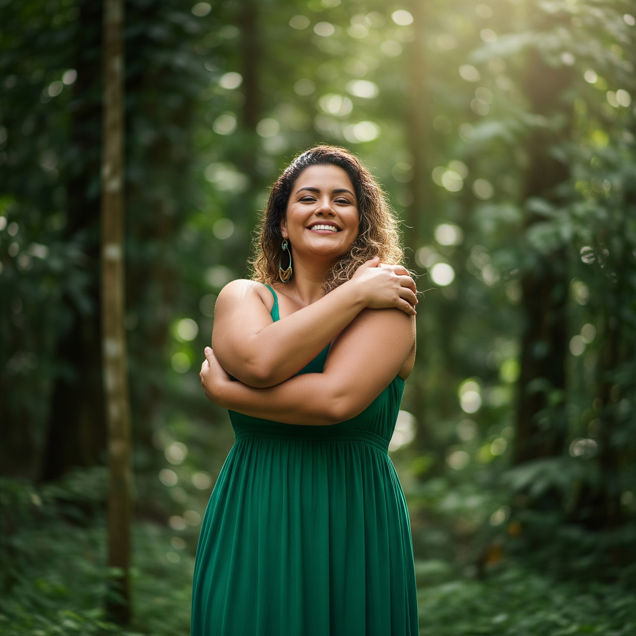 Mujer sonriente abrazando su cuerpo “reconciliarte con tu cuerpo con amor”
