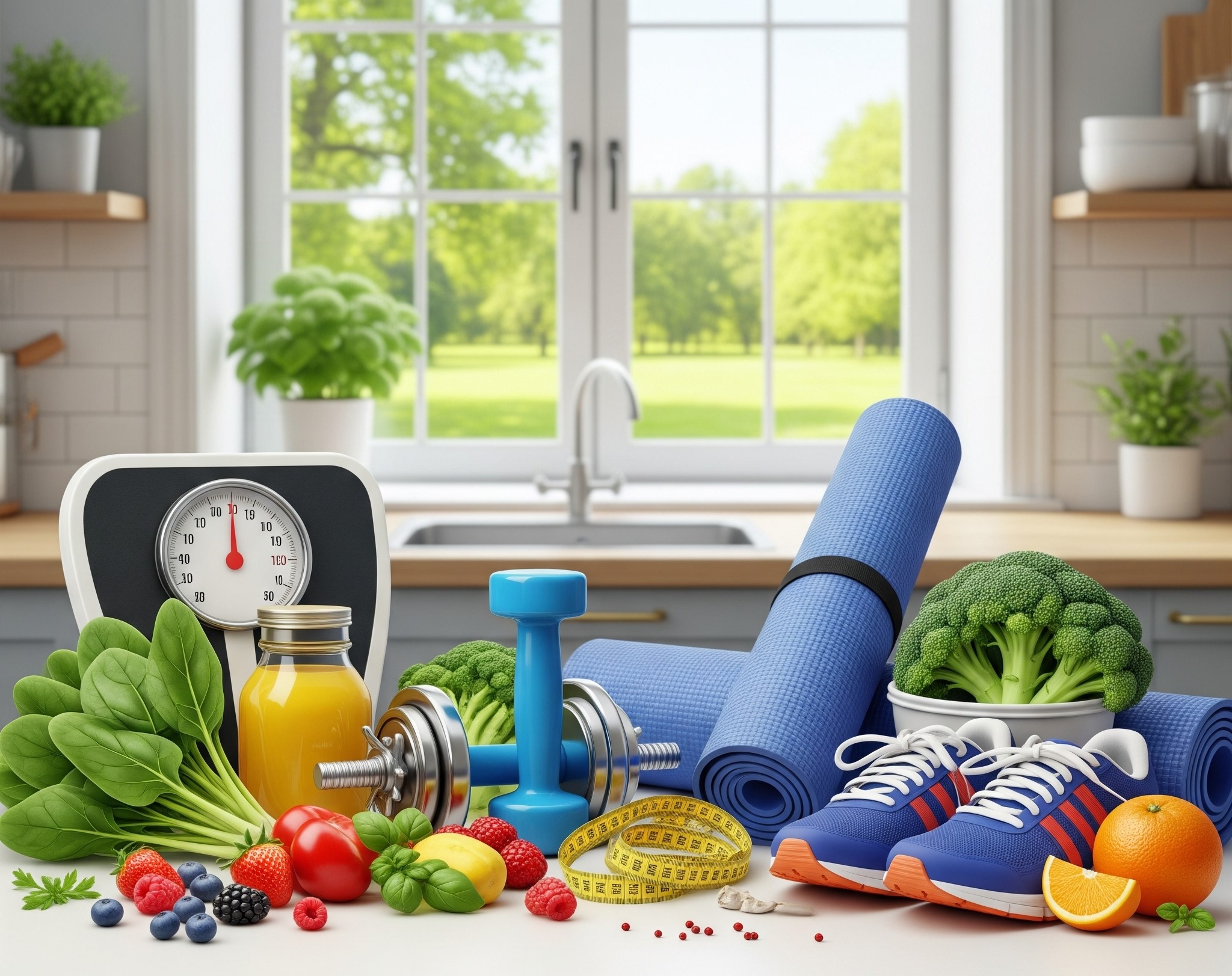 alimentos para perder grasa encima de una mesa junto con artículos deportivos como esterillas, zapatillas de deporte y una bascula