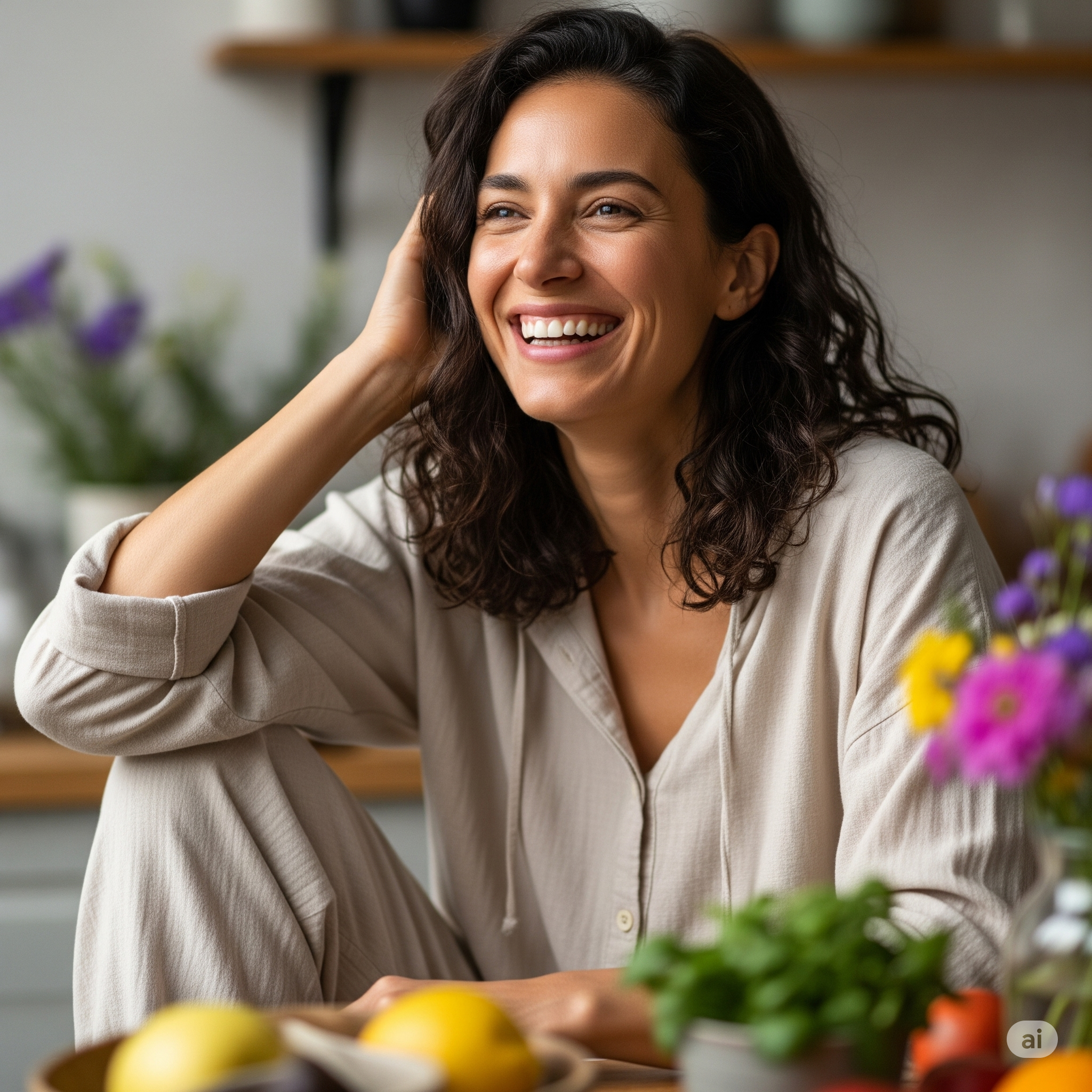 Mujer feliz con una dieta antiinflamatoria personalizada tras un test epigenético