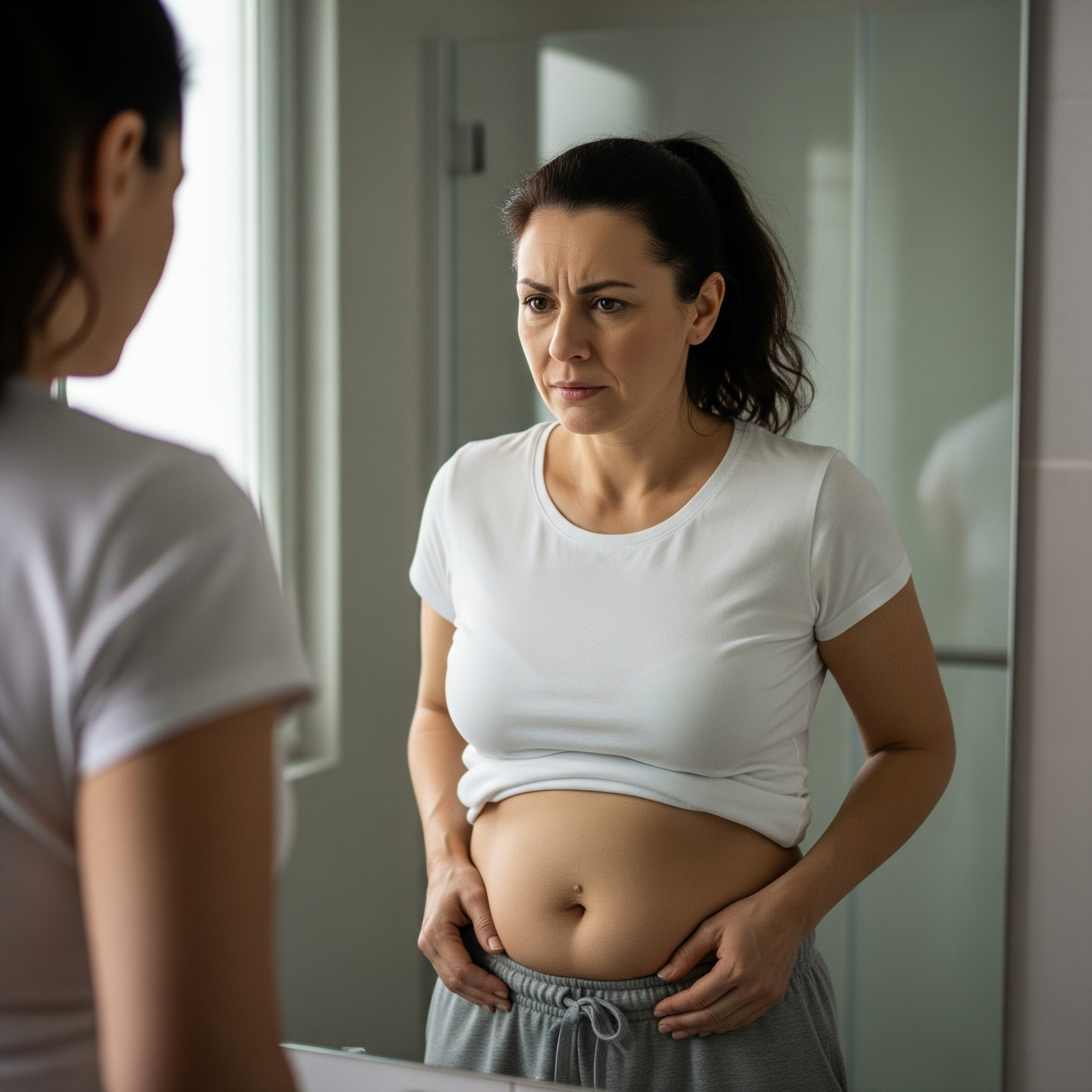 mujer mirandose al espejo con inflamación crónica abdominal y con expresión de malestar