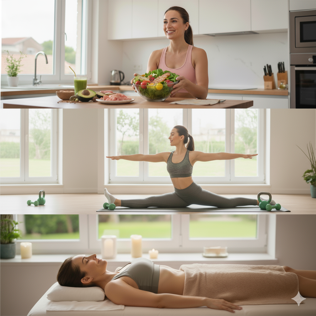 mujer disfrutando de un estilo de vida saludable con nutrición, entrenamiento y masajes reductores en un proceso de adelgazamiento holístico