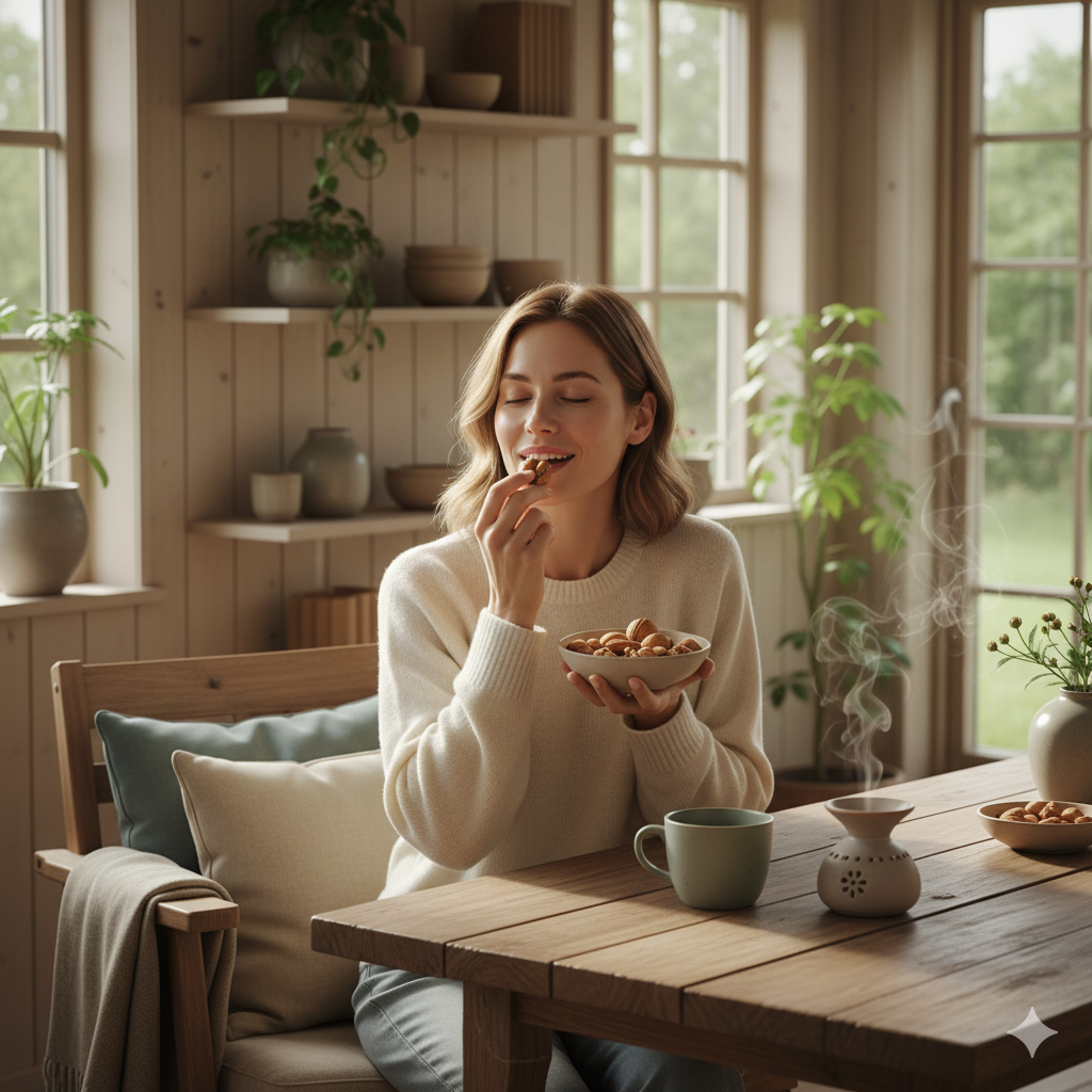 MUJER COMIENDO frutos secos alimentos para la ansiedad